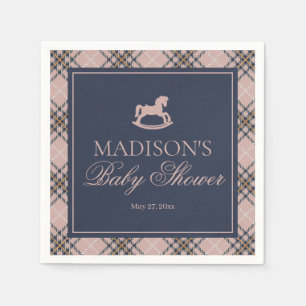 Pink Plaid Classic Rocking Horse Baby Shower Napkins