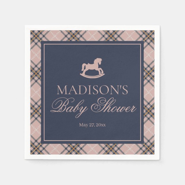 Pink Plaid Classic Rocking Horse Baby Shower Napkins (Front)