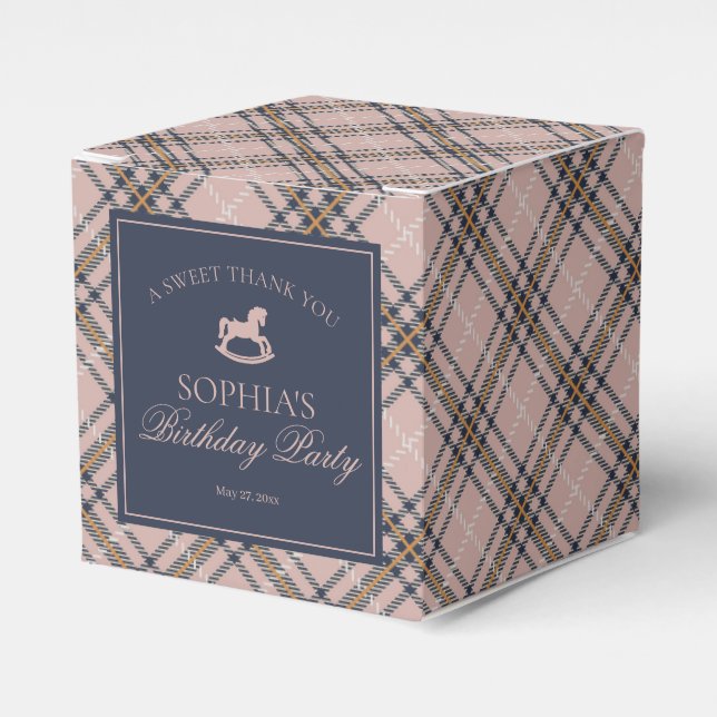 Pink Plaid Classic Rocking Horse Birthday Favor Boxes (Front Side)