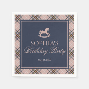 Pink Plaid Classic Rocking Horse Birthday Party Napkins