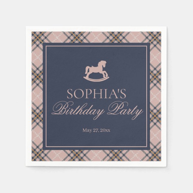 Pink Plaid Classic Rocking Horse Birthday Party Napkins (Front)