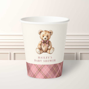 Pink Plaid Classic Teddy Bear Baby Shower Paper Cups