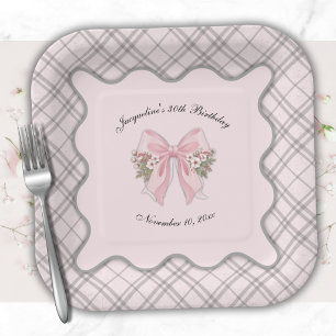 Pink Plaid Coquette Bow Birthday Square Paper Plates