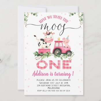 Pink Plaid Cow Moos First Birthday Invitation by Sugar_Puff_Kids at Zazzle