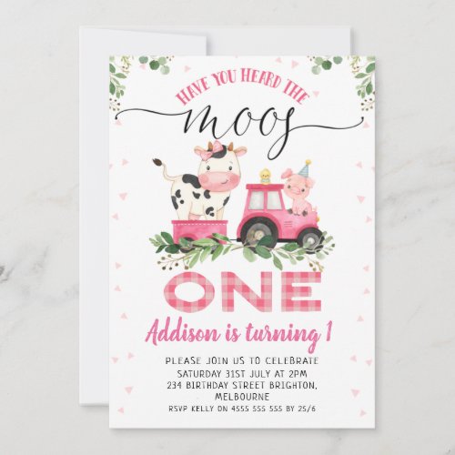 Pink Plaid Cow Moos First Birthday Invitation