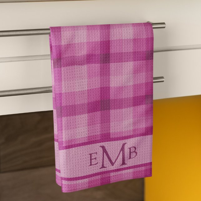 Pink Plaid Custom Monogram Initials Ladies Kitchen Towel (Creator Uploaded)