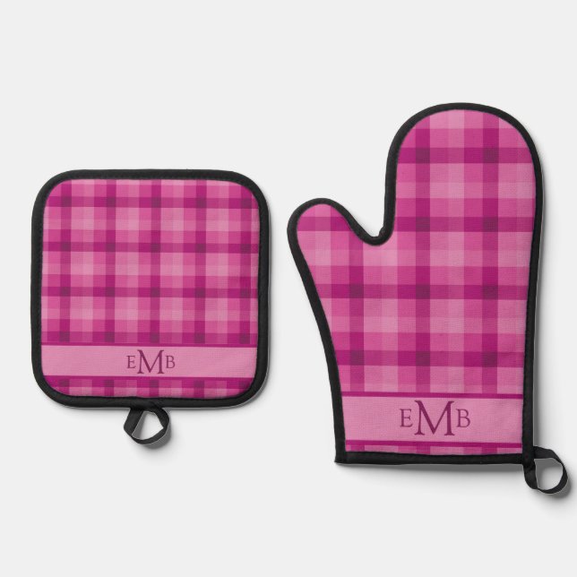 Pink Plaid Custom Monogram Initials Ladies Oven Mitt & Pot Holder Set (Front)