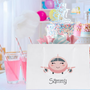 Pink Plaid Cute Airplane Girl Name Personalized Large Gift Bag