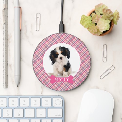 Pink Plaid Dog Photo Wireless Charger