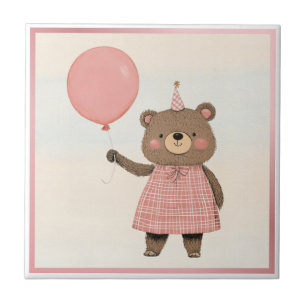 Pink Plaid Dress Bear with Bow and Hat Ceramic Tile