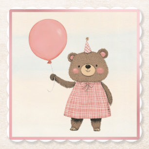 Pink Plaid Dress Bear with Bow and Hat Paper Coaster