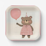 Pink Plaid Dress Bear with Bow and Hat Paper Plates