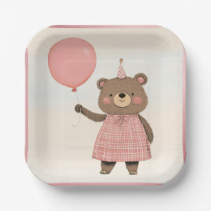 Pink Plaid Dress Bear with Bow and Hat Paper Plates