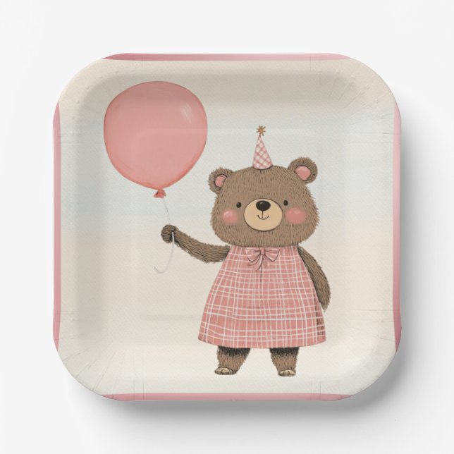 Pink Plaid Dress Bear with Bow and Hat Paper Plates (Front)