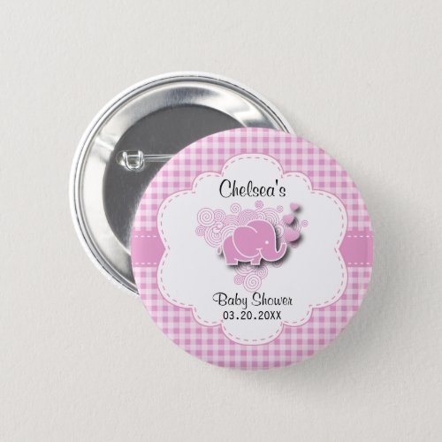 Pink Plaid Elephant Baby Shower Button
