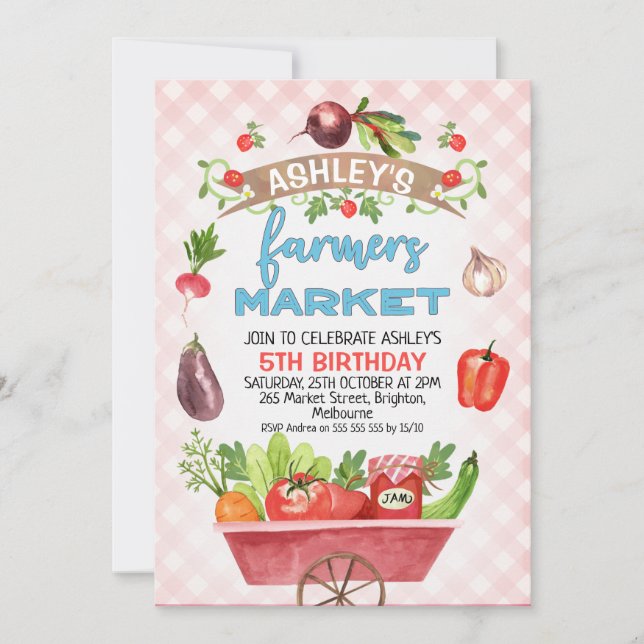 Pink Plaid Farmers Market Birthday Invitation (Front)