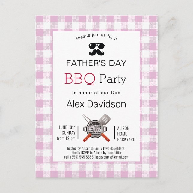 Pink Plaid Father's Day BBQ Party Postcard (Front)