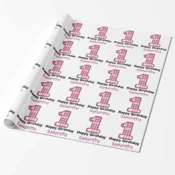 Pink Plaid First Birthday Custom Name A08 Wrapping Paper by JaclinArt at Zazzle