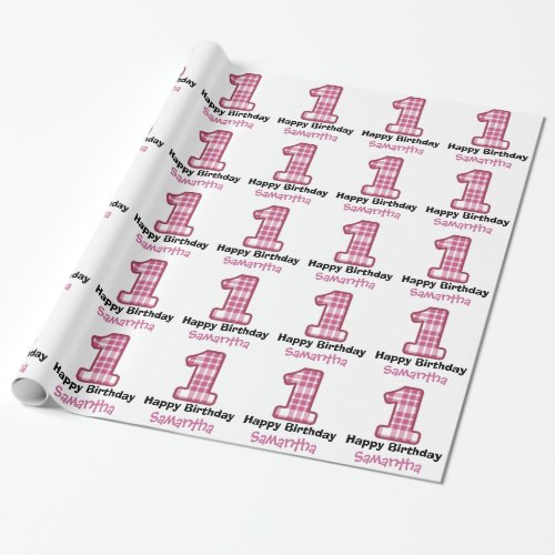 PINK PLAID First Birthday Custom Name A08 Wrapping Paper