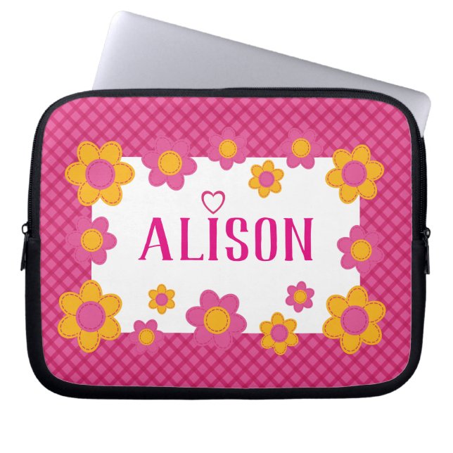 Pink plaid floral girls name cute spring design laptop sleeve (Front)