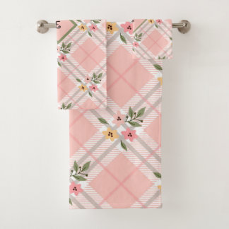 Pink Plaid Floral Monogram Bath Towel Set