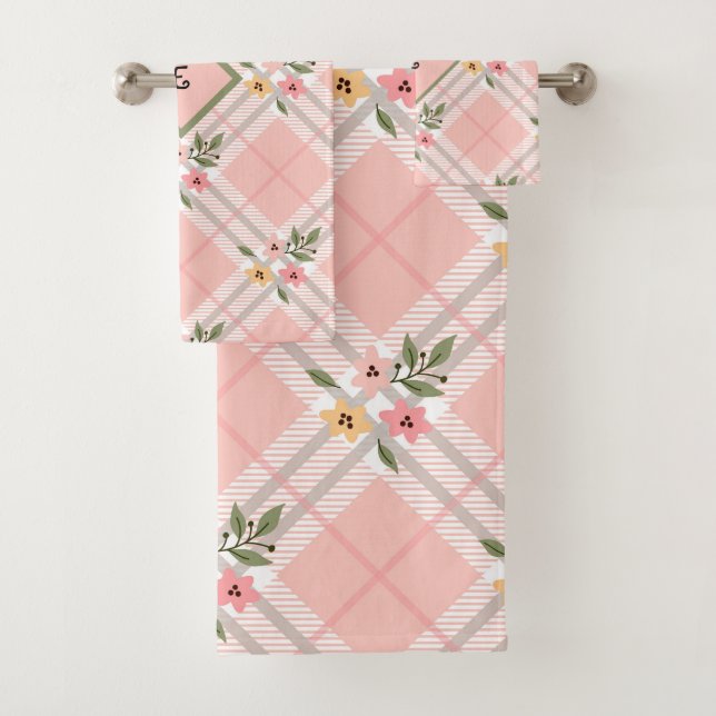 Pink Plaid Floral Monogram Bath Towel Set (Insitu)