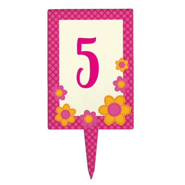 Pink plaid  floral spring girl birthday party cake topper (Front)