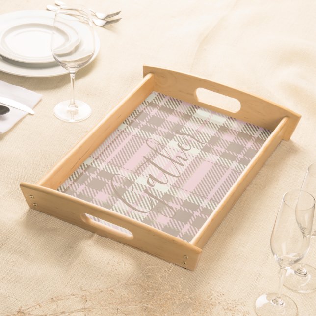 Pink Plaid Gather Watercolor Home Serving Tray (Front)