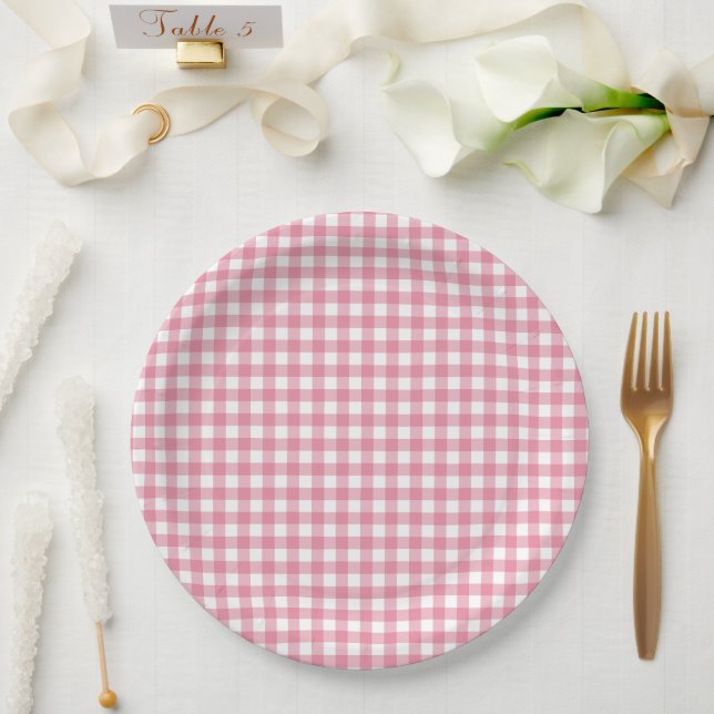 Pink Plaid Gingham Baby Shower Paper Plates (Wedding)