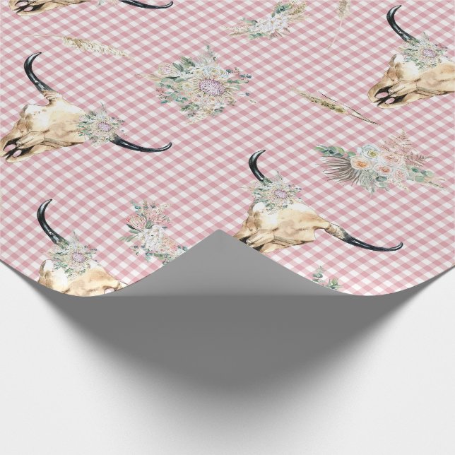 Pink Plaid Gingham Cow Skull Boho Wrapping Paper (Corner)