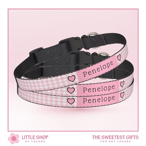 Pink Plaid Gingham Hearts Personalized Pet Collar