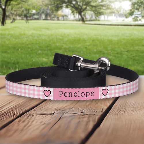 Pink Plaid Gingham Hearts Personalized Pet Leash