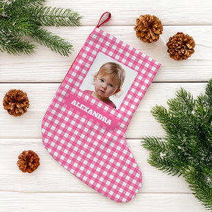 Pink Plaid Girl Photo & Name Rustic Gingham Checks Small Christmas Stocking