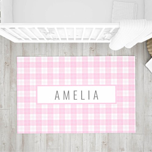 Pink Plaid Girls Personalized Nursery Bedroom Rug