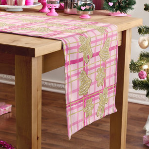 Pink Plaid Gold Glitter Gingerbread Cookie Holiday Short Table Runner