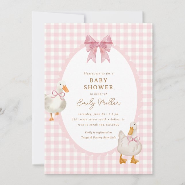 Pink Plaid Goose Duck Coquette Baby Shower Invitation (Front)