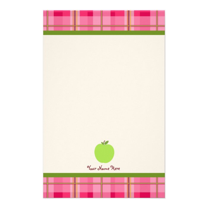 Pink Plaid & Green Apple Personalized Teacher Stationery Paper