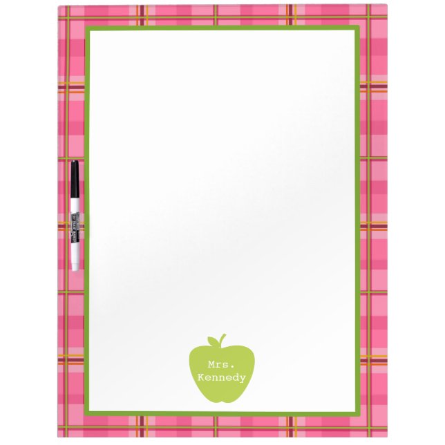 Pink Plaid Green Apple Teacher Dry-Erase Board (Front)