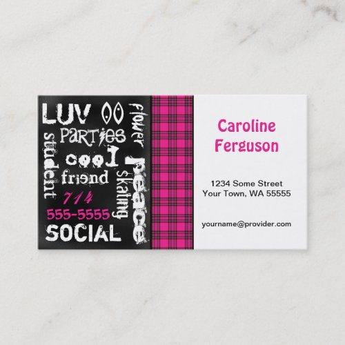 Pink Plaid, Grunge Chalkboard Business Card