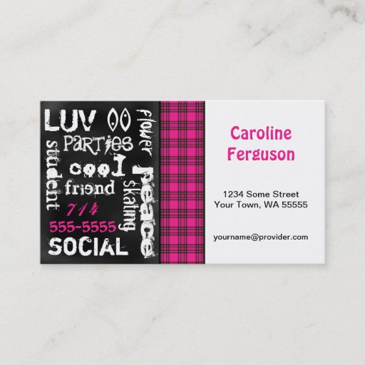 Customizable Pink Plaid, Grunge Chalkboard Business Card