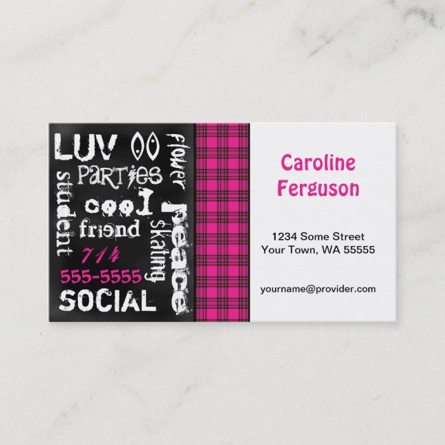 Pink Plaid, Grunge Chalkboard Business Card (Front)