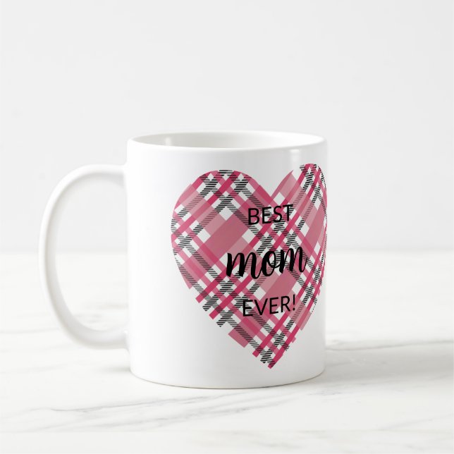 Pink Plaid Heart Best Mom Mother Ever One Photo  Coffee Mug (Left)