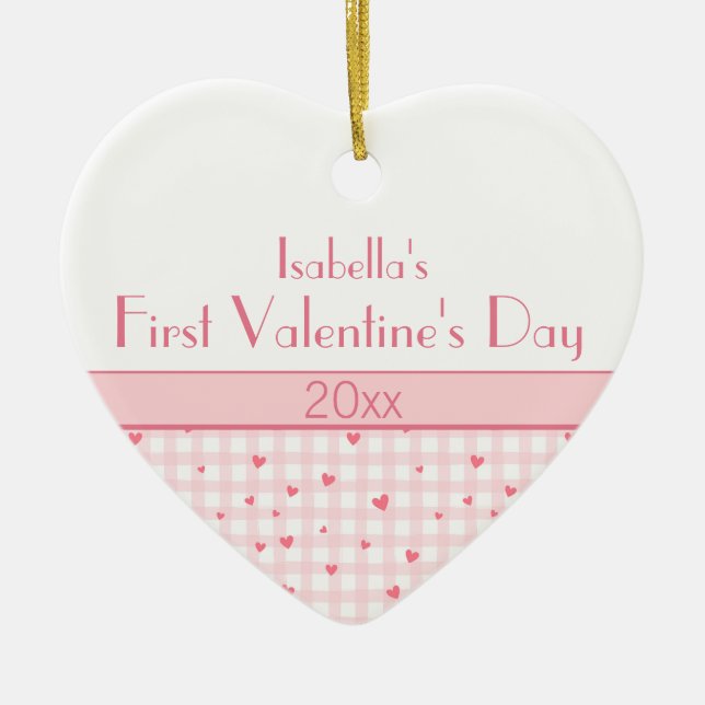 Pink Plaid Hearts Baby Photo First Valentine's Day Ceramic Ornament (Front)