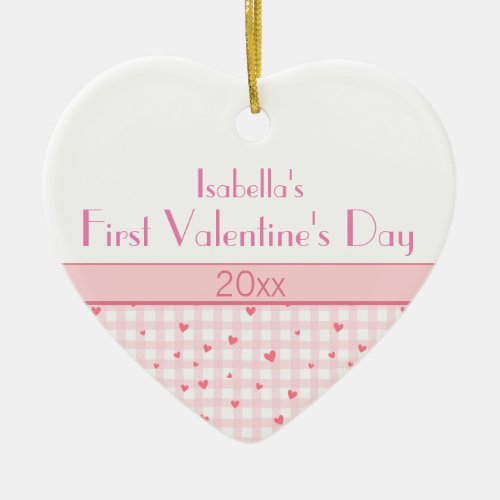 Pink Plaid Hearts Baby Photo First Valentines Day Ceramic Ornament