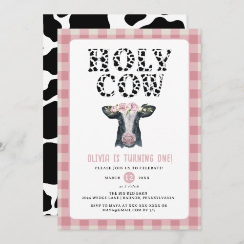 Pink Plaid Holy Cow First Birthday  Invitation