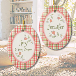 Pink Plaid "Joy in Every Chapter" Personalized Ceramic Ornament