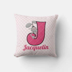 Pink Plaid Letter J for Jackrabbit Girls Throw Pillow