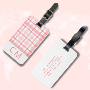 Pink Plaid Modern Monogrammed Simple Initials Luggage Tag
