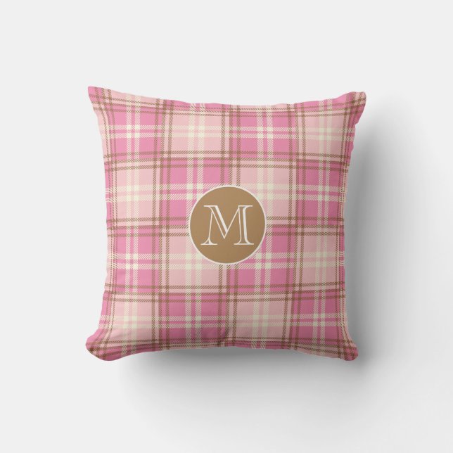 Pink Plaid Monogrammed Throw Pillow (Front)