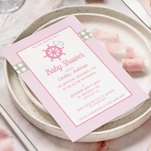 Pink Plaid Nautical Baby Girl Shower Invitation
